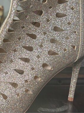 Nine West Glitter Cutout Peep-Toe Ankle Booties in Rose Gold Glitter